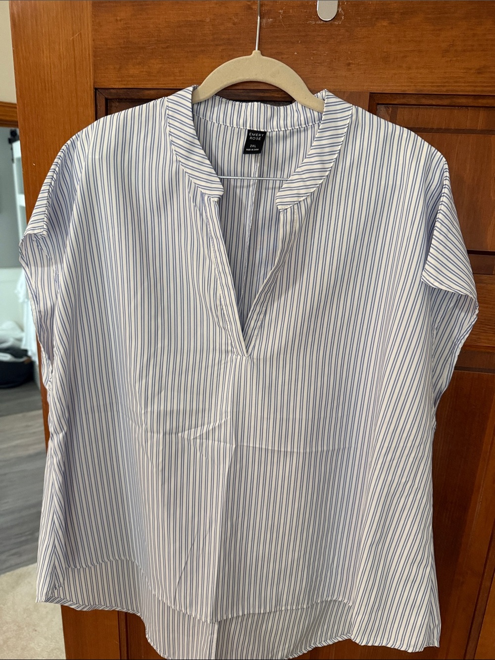 Striped Blue and White Women’s Band-Collar Shirt